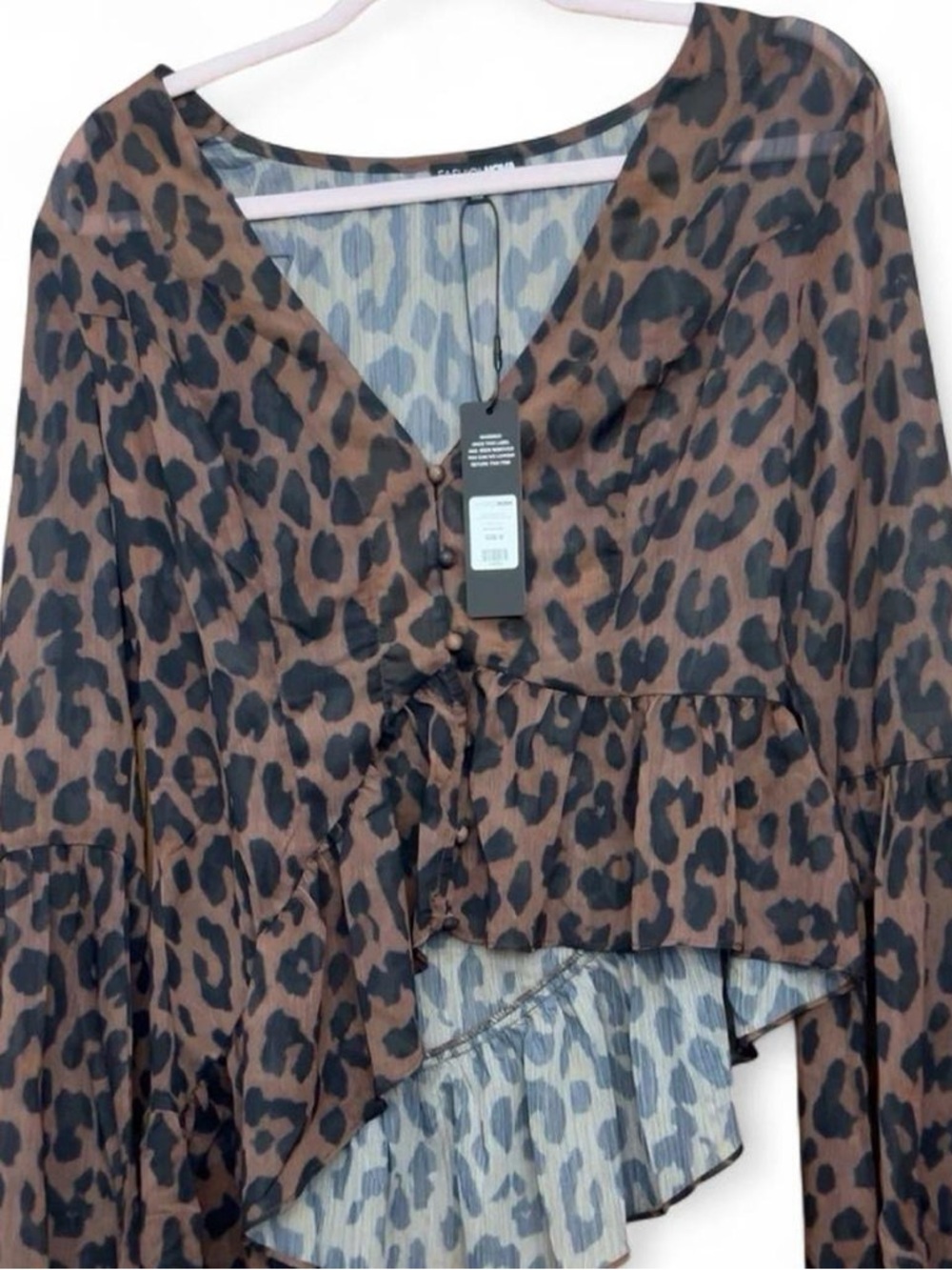 Fashion Nova Leopard Print Chiffon Blouse Size M NWT Bell Sleeve Top